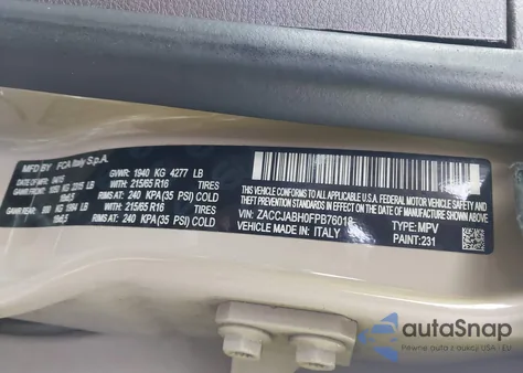 2015 Jeep Renegade Latitude z USA, uszkodzony, nr VIN ZACCJABH0FPB76018